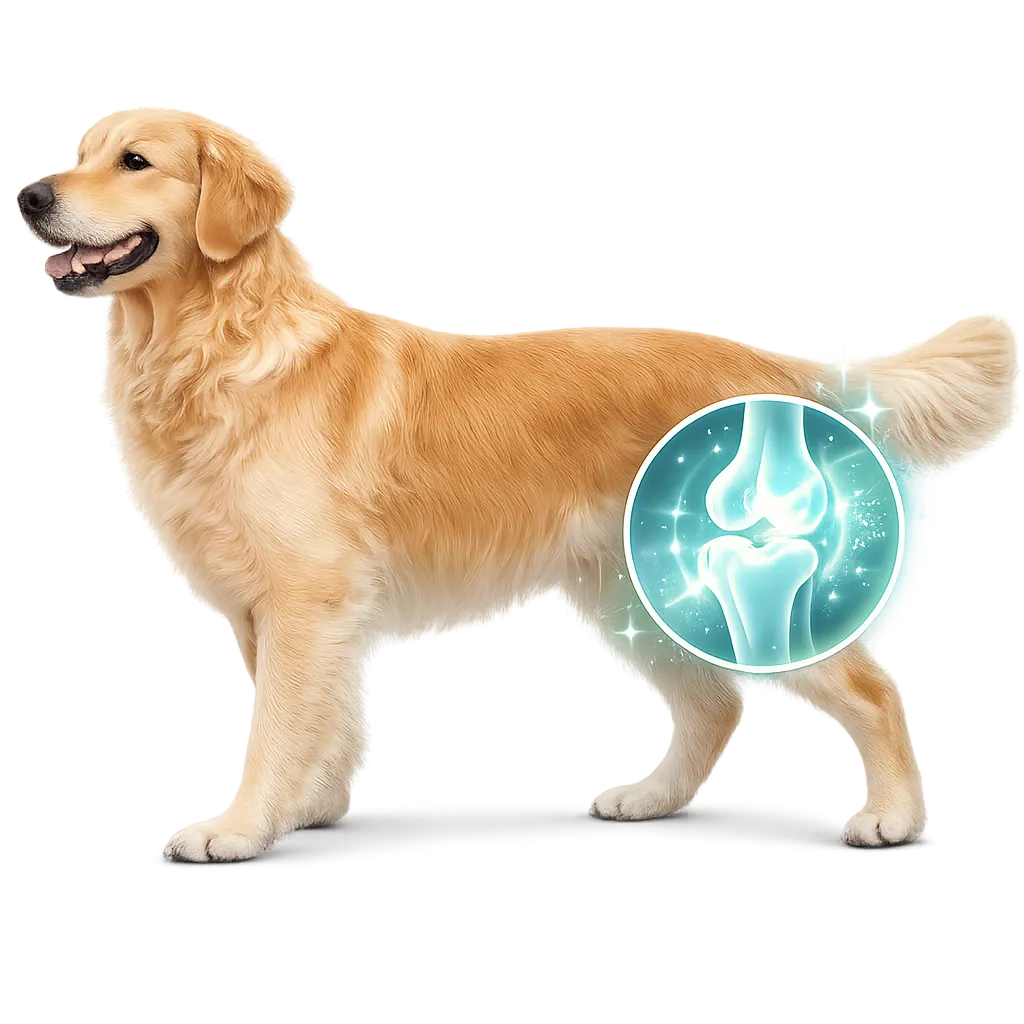 Golden retriever feliz se movimentando, com destaque para a saúde da articulação