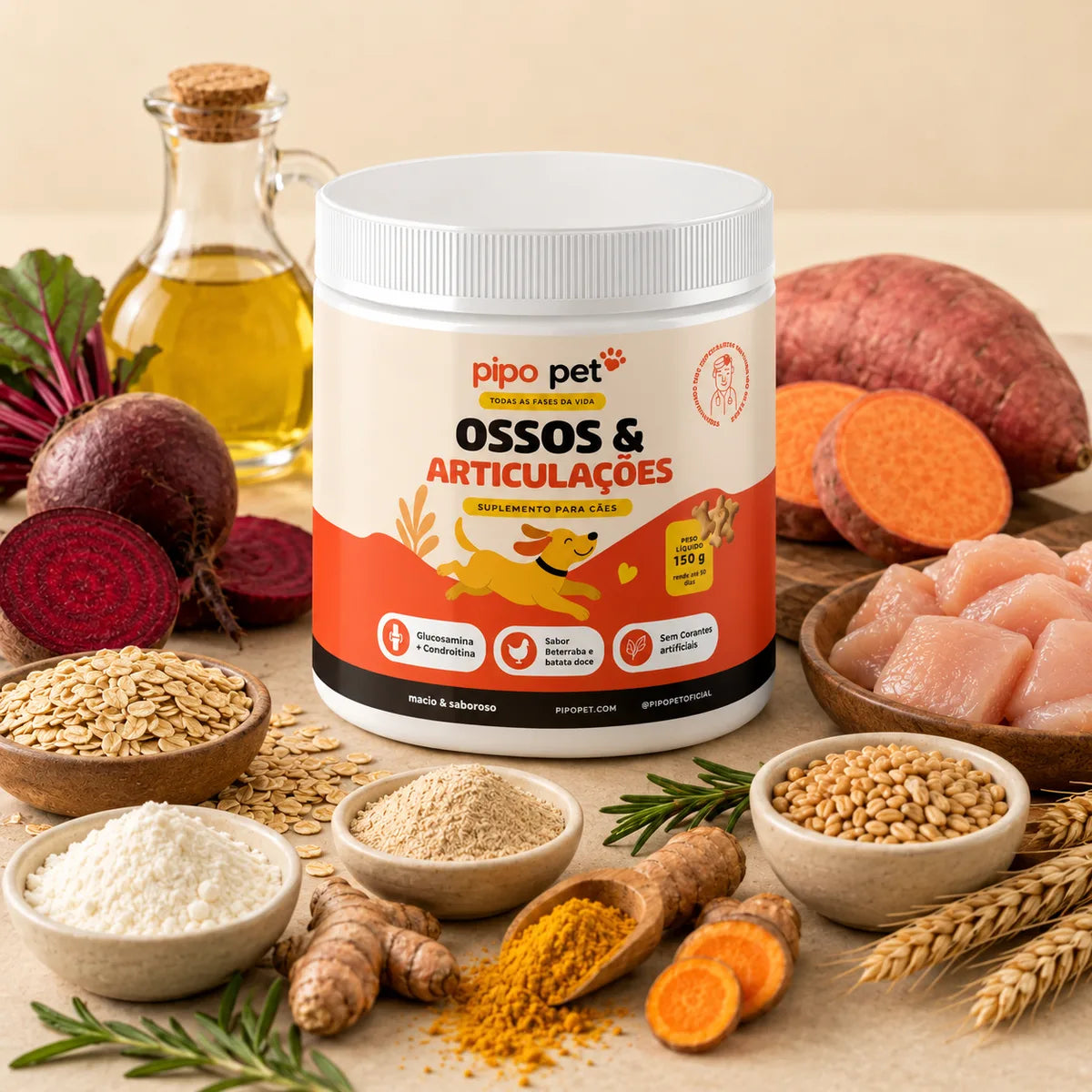 Pote de Ossos & Articulações Pipo Pet cercado dos ingredientes in natura: peixe, frango, batata-doce, beterraba, aveia, cúrcuma e óleos