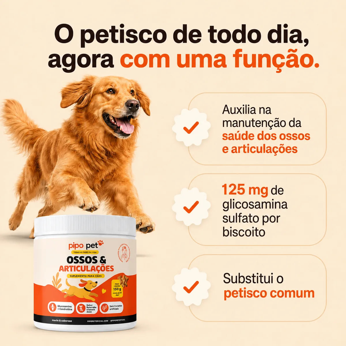 Cão saltando sobre o pote de Ossos & Articulações Pipo Pet — o petisco de todo dia, agora com uma função
